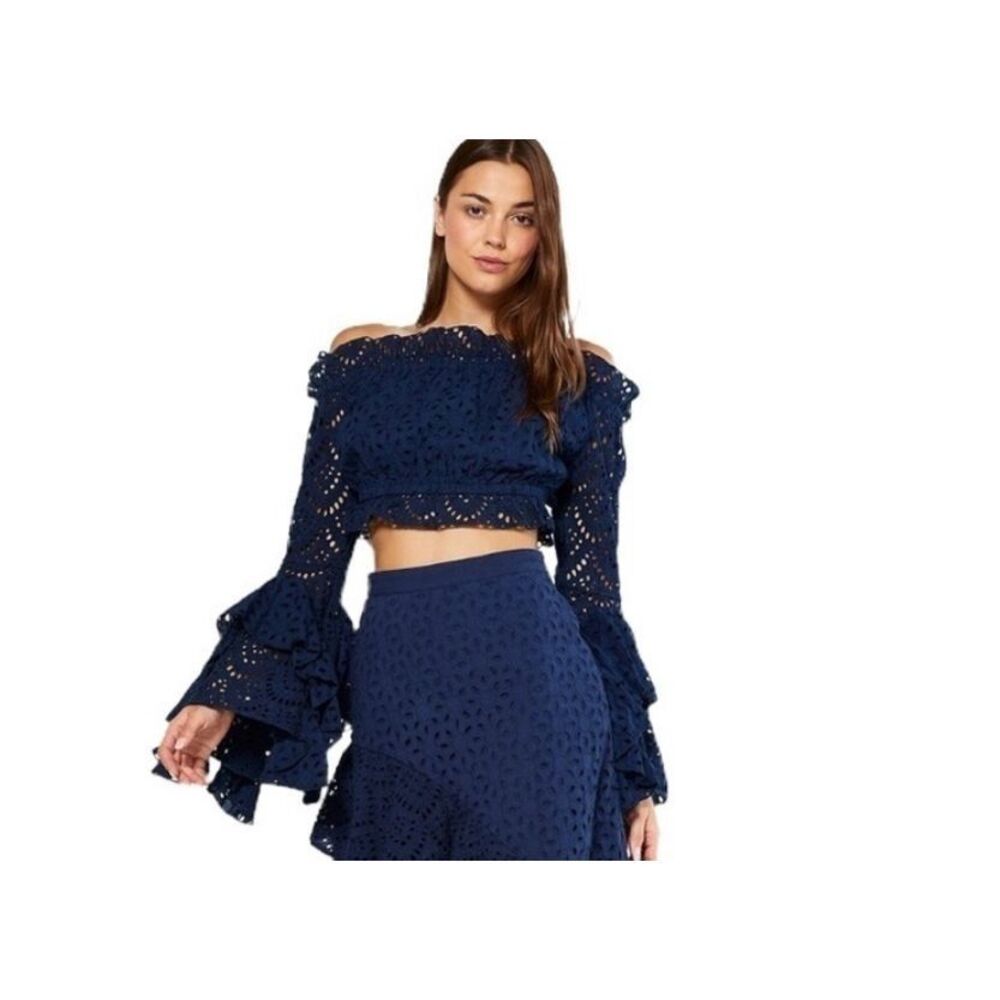 Misa Los Angeles Womens Off The Shoulder Eyelet Ruffle Cropped Top Blue XL NWT